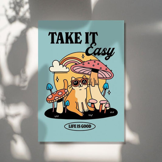 Colorful Cat Mushroom Print, Take It Easy Quote Poster, Blue Retro Groovy Art, Trendy Y2k Poster Prints, Preppy Dorm Decor, Poster Prints No Frame, Gifts For Family Friend Bedroom Wall Decor, Outdoor Wall Art, Gifts For Birthday Landscape Artwork
