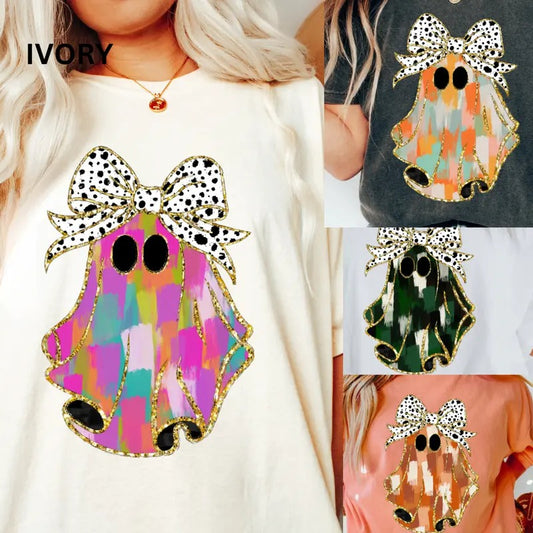 Colorful Coquette glitter ghost, Ghost Shirt, Comfort Colors halloween Shirt, Neon halloween Shirt, Retro fall Shirt, Cotton Fabric Womenswear Top Printed Oversized Women Underwear Lady Comfortable Fit