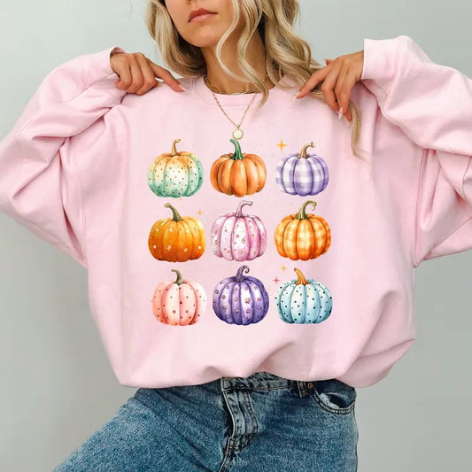 Colorful Pumpkins Sweatshirt, Fall Pumpkin Crewneck, Autumn Pumpkin Sweater, Sparkle Pumpkin Sweatshirt, Vintage Pumpkin Tops for Girls, Aesthetic Fall Crewneck for Women, Comfy Cotton Long Sleeve Pullover, Casual Women's Tops, Oversized Womenswear