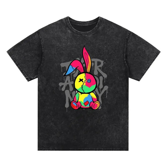Colorful rabbit bright washed T-shirt, graffiti color, Fashionable and uninhibited, street style, Comfortable fabrics, exceptional quality, Wear it for a new trendy stance.