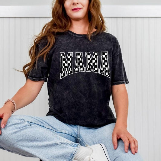 Colortone Mineral Wash Checkered Mama Shirt Gift for Mom, Retro Mom Tee, Vintage Checkered Mama Tshirt, Mother's Day Gift, Varsity Mom T-shirt