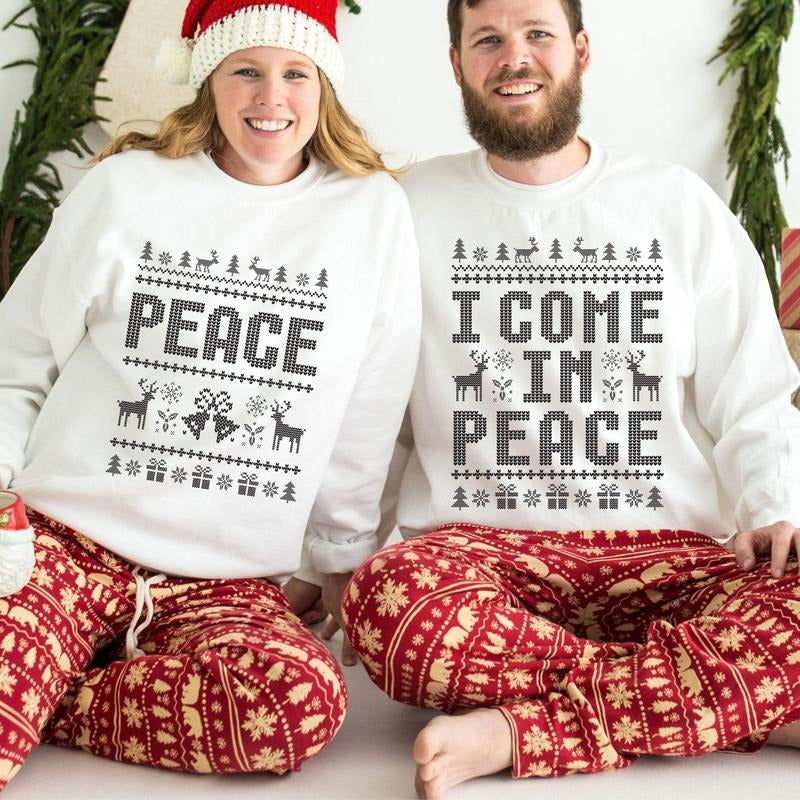 Come In Peace I'm Peace Sweatshirt, Retro Couples Matching Ugly Christmas Sweater, Funny Couples Xmas Ugly Tee, Long Sleeve Crewneck Shirt