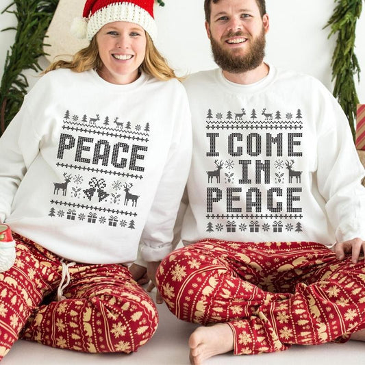 Come In Peace I'm Peace Sweatshirt, Retro Couples Matching Ugly Christmas Sweater, Funny Couples Xmas Ugly Tee, Long Sleeve Crewneck Shirt