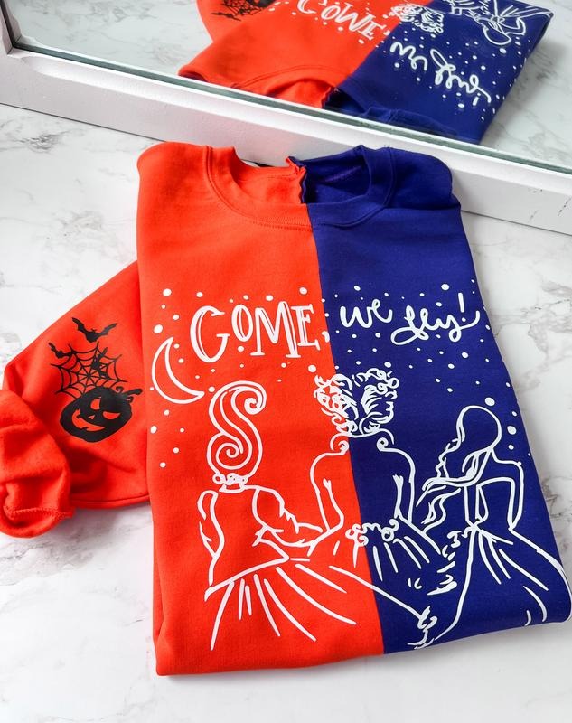 Come We Fly Color Block Halloween Hocus Pocus Graphic Sweatshirt Unisex Three Witches Womenswear Crewneck Casual Tshirt Top