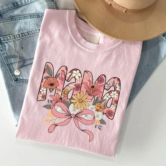 Comfort Color Floral Coquette T-shirt, Pink Bow Tee Floral Mama T-shirt, Vintage Floral Tee, Mothers Day Gifts, Retro Mama Shirt Tee For Women , Wildflowers Mama