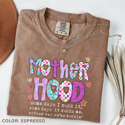Comfort Color Motherhood Coquette Bow Checker T-shirt, Neon Motherhood Shirt, Funny Mom Shirt, Sarcastic Mama Retro Tee, Sassy Mothers Day Soft Tee