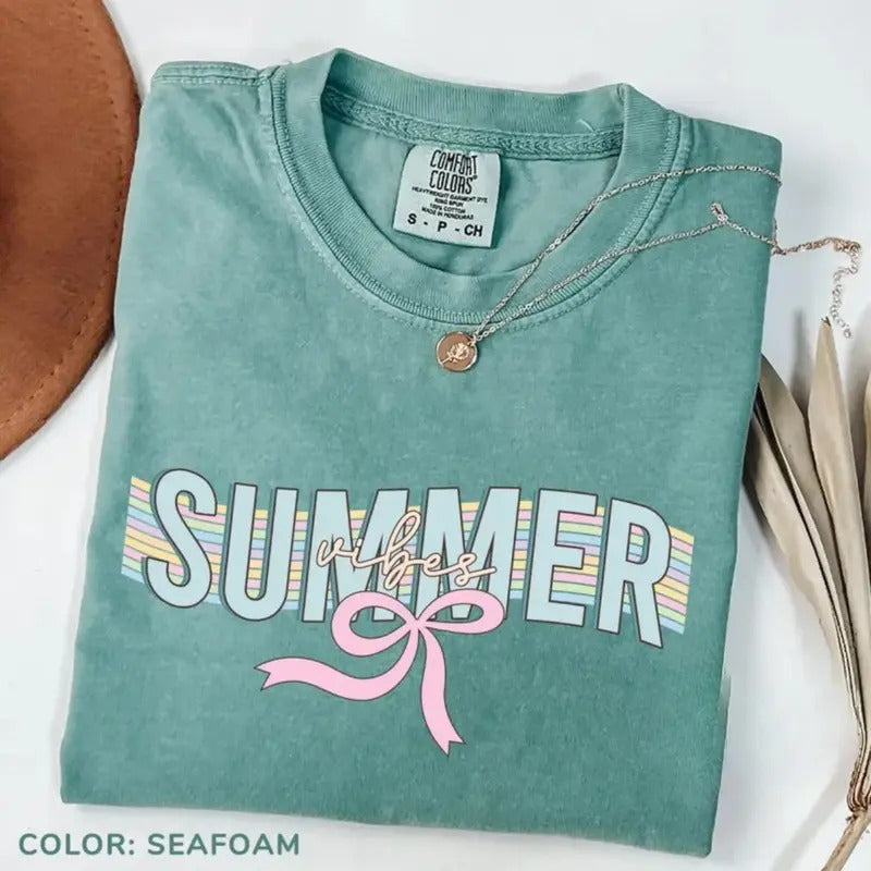 Comfort Color Summer Vibes T-Shirt, Coquette Summer T-Shirt, Summer Vacation TShirt, Ocean Lover T-Shirt, Retro Summer Tee for Women