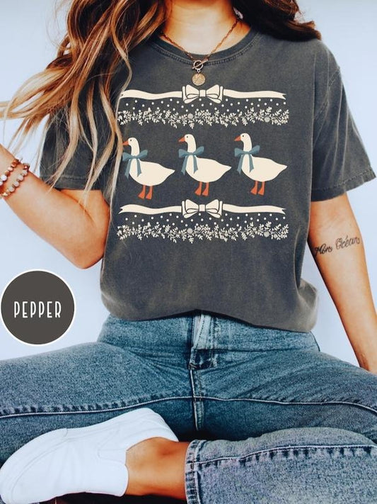 Comfort Colors 1980s Blue Ribbon Goose With Hearts Ugly Shirt, Vintage Original Shirt Bows and Adorable Doodle Hearts Animal Lover Shirt, Duck Shirt