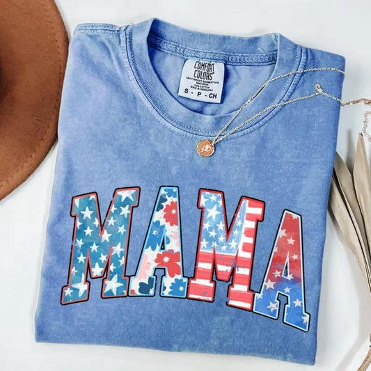 Comfort Colors American Mama T-Shirt, Retro USA T-Shirt, 4th of July Tee, Vintage America Mom T-Shirt, Patriotic Graphic Tee USA