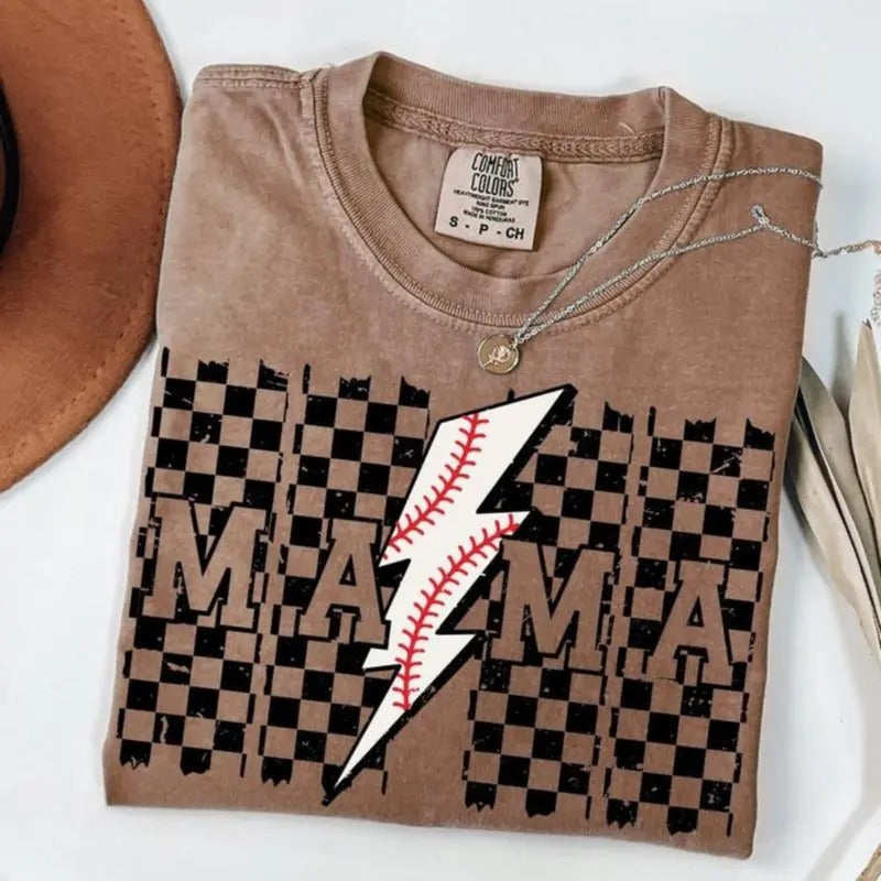 Comfort Colors Baseball Game Day T-Shirt, Retro Checkered Lightning Baseball Tee, Mama Shirt, Graphic Tees
