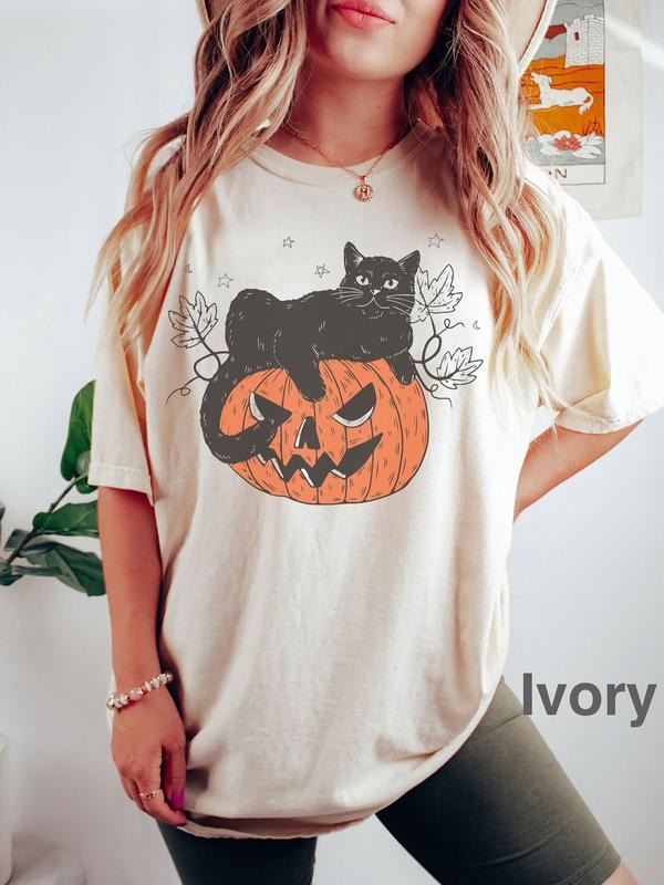 Comfort Colors Black Cat on Pumpkin Shirt, Crewneck Sweatshirt