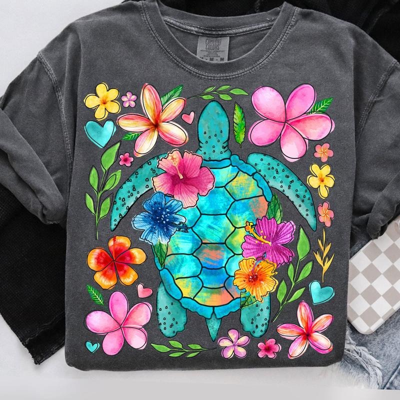 Comfort Colors Boho Floral Sea Turtle T-Shirt, Summer T-Shirt, Brushstroke Turtle Shirt, Beach TShirt, Turtle Shirt, Fisherman Aesthetic T-Shirt