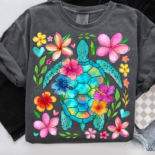 Comfort Colors Boho Floral Sea Turtle T-Shirt, Summer T-Shirt, Brushstroke Turtle Shirt, Beach TShirt, Turtle Shirt, Fisherman Aesthetic T-Shirt
