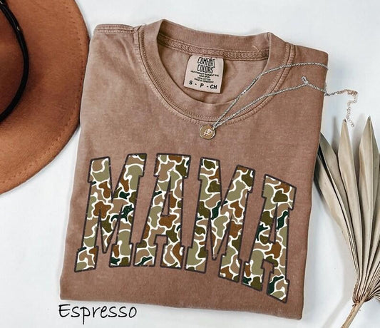 Comfort Colors Camouflage Mama T-Shirt, Mothers Day Gift, Mom Shirt, Retro Mama TShirt, Gift For Mom, Varsity Mama T Shirt, Duck Camo Mama Tees
