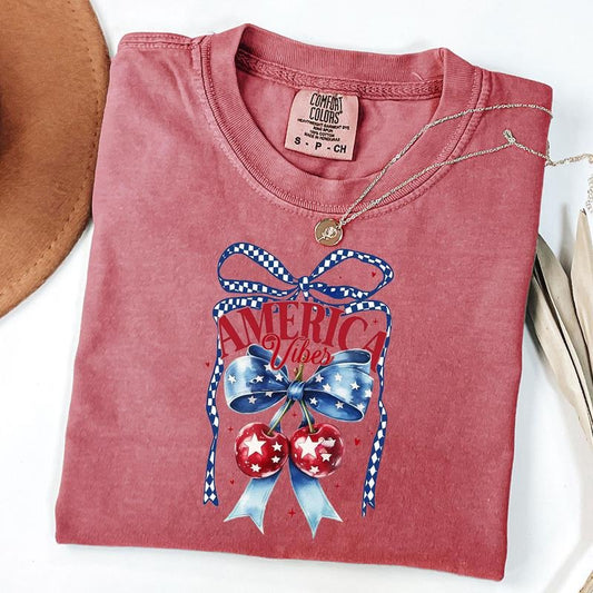 Comfort Colors Checkered America Cherries Shirt, America Vibes T-Shirt, Cherry Bow 4th Of July Tee