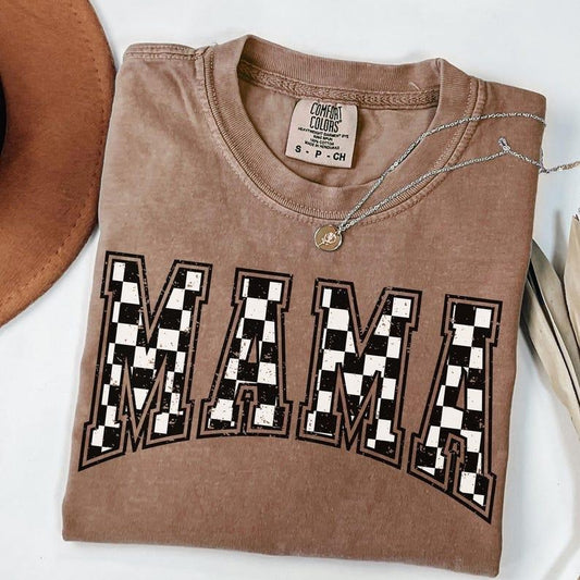 Comfort Colors Checkered Mama Shirt Gift For Mom, Retro Mom Tee, Mother's Day Gift, Vintage Checkered Mama T-shirt, Varsity Mom