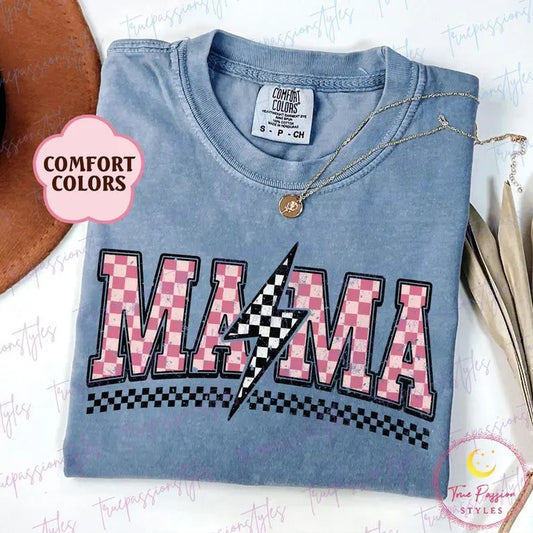 Comfort Colors Checkered Mama Tshirt, Lightening Bolt Mama Shirt, Mothers Day Gift, New Mom Tee, Motherhood T-shirt, Varsity Mama Tee