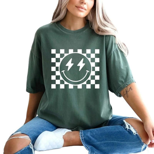 Comfort Colors Checkered Pattern Smile Face Shirt, Retro Smiley Face Shirt