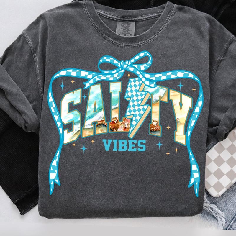 Comfort Colors Checkered Salty Summer T-Shirt, Salty Coquette Summer Bow Shirt, Summer Beach Vibes T-Shirt, Coquette Beach Shirt