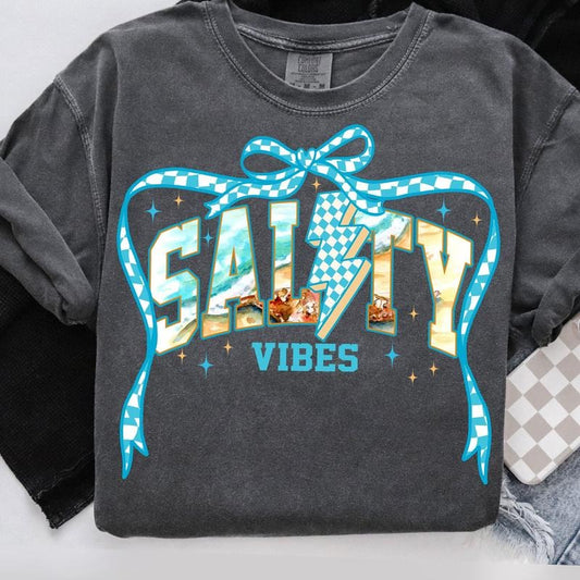 Comfort Colors Checkered Salty Summer T-Shirt, Salty Coquette Summer Bow Shirt, Summer Beach Vibes T-Shirt, Coquette Beach Shirt