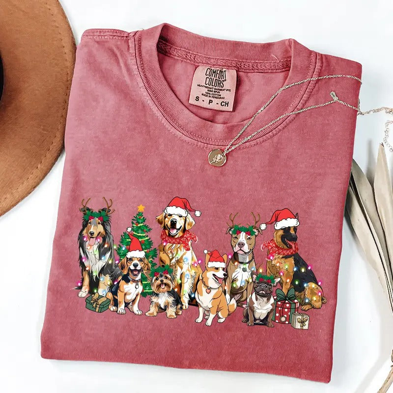 Comfort Colors Christmas Dogs Shirt, Dog Lover Shirt, Holiday Tee, Cute Gift for Dog Lover, Dog Mom T-Shirt