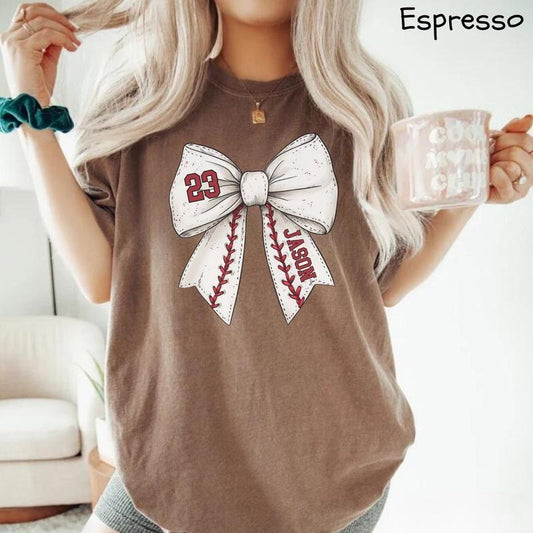 Comfort Colors Custom Baseball Bow T-Shirt, Baseball Mom T-Shirt With Kids Name & Jersey Number, Baseball Wife T-Shirt, Cute Baseball Mama Shirt, Baseball Season