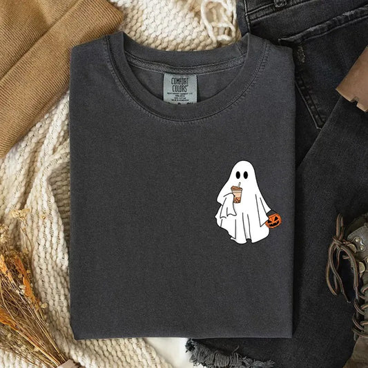 Comfort Colors Cute Ghost Coffee T-shirt, Cute Little Ghost Iced Coffee Shirt, Halloween Coffee Lovers, Halloween Shirt, Ghost Tee