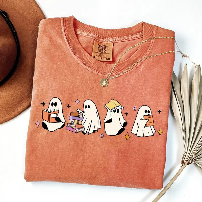 Comfort Colors Cute Ghosts Reading Books Shirt, Cute Little Ghost Shirt, Coffee Lover Ghost, Spooky Season Shirt, Fall Graphic Tee