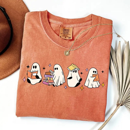 Comfort Colors Cute Ghosts Reading Books Shirt, Cute Little Ghost Shirt, Coffee Lover Ghost, Spooky Season Shirt, Fall Graphic Tee
