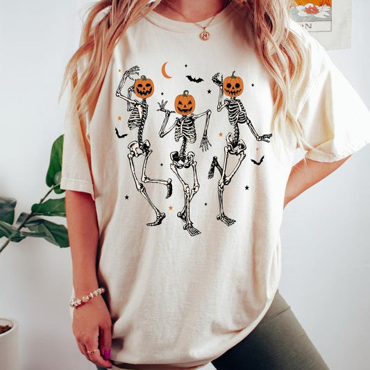 Comfort Colors Dancing Skeleton Pumpkin Shirt, Retro Halloween Shirt, Women's Halloween Shirt, Cute Fall Shirt, Spooky Season, Pumpkin Face
