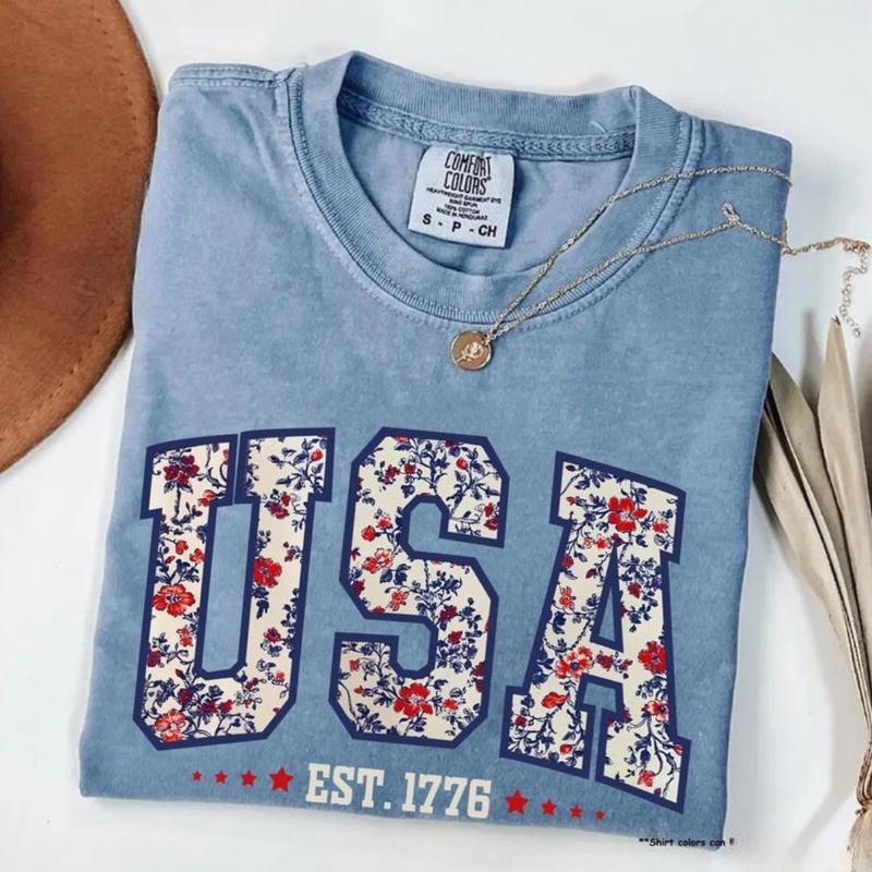 Comfort Colors Floral USA Shirt, American Girl Tee, USA Est 1776 Shirt, Girly 4th Of July Tee, Patriotic Women, Flower USA