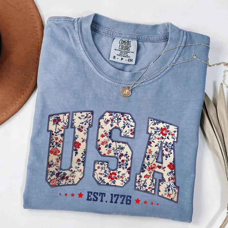 Comfort Colors Floral USA T-shirt, Retro America Tee, 4th Of July T-shirt, 4th Of July Sublimation, America Coquette, Patriotic, Girly Tee