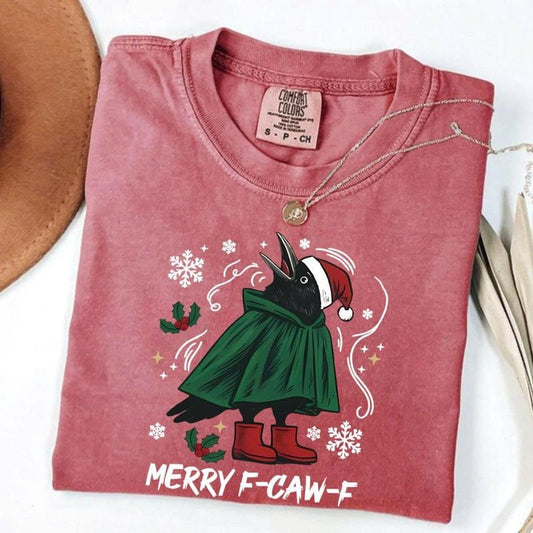 Comfort Colors Funny Crow Christmas T-shirt, Merry F-Caw-F TShirt, Holiday Raven Meme Tee, Gothic Xmas Gift, Alternative Christmas TShirt