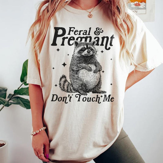 Comfort Colors Funny Pregnant T-shirt, Feral & Pregnant Shirt, Pregnancy Raccoon Tee, Pregnant Gift for New Mom