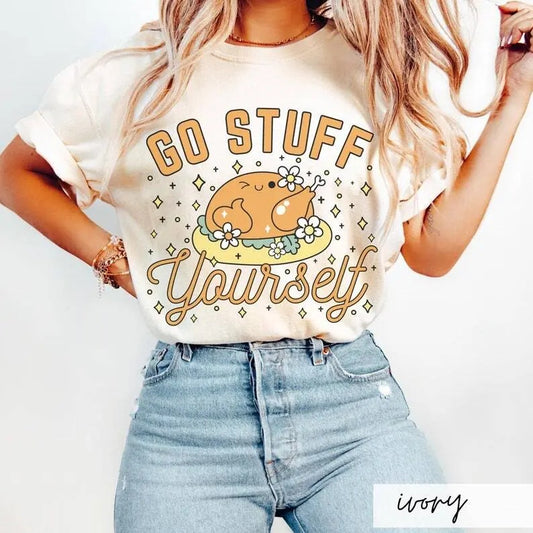 Comfort Colors Go Stuff Yourself Shirt, Funny Kawaii Cartoon Prank Turkey Day Shirt, Rude Thanksgiving Tee, Irreverent Autumn Friendsgiving