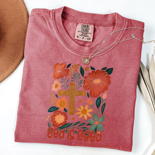 Comfort Colors God is Good Shirt, Floral Christian Shirt, Retro Amen, Bible Verse, Jesus, Faith, God, Unisex T-Shirt