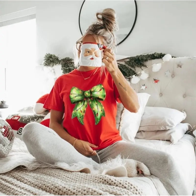 Comfort Colors Grinch Lights Coquette Bow Women's Short Sleeve Graphic T-Shirt - Top, Womenswear