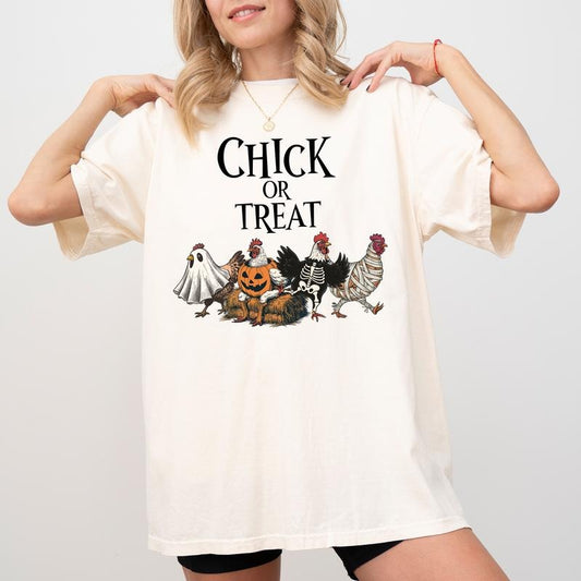 Comfort Colors Halloween Chick or Treat Shirt, Ghost Chicken Graphic Printed Tee, Halloween Funny Chicken Unisex Shirt, Retro Chicken Halloween Tee, Spooky Chicken Ghost T-shirt, Chicken Lovers Gift, Women's Top, Cotton Fabric Relaxed Fit Chic Style