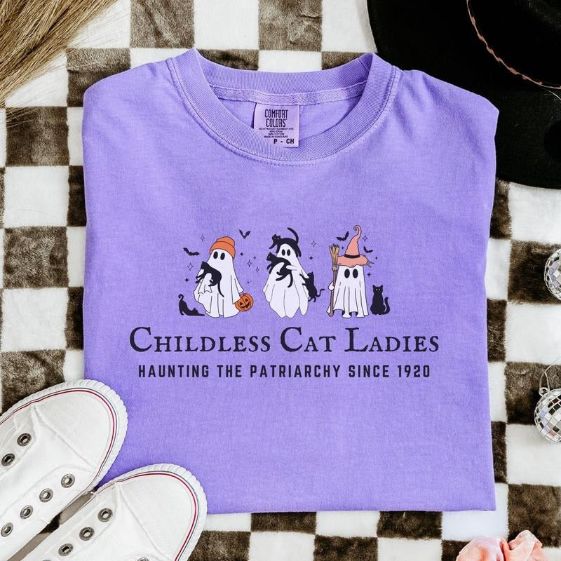 Comfort Colors Halloween Childless Cat Lady Shirt, Cute Ghosts for Kamala Harris the Patriarchy Feminism Shirt, Spooky Election Shirt 2024