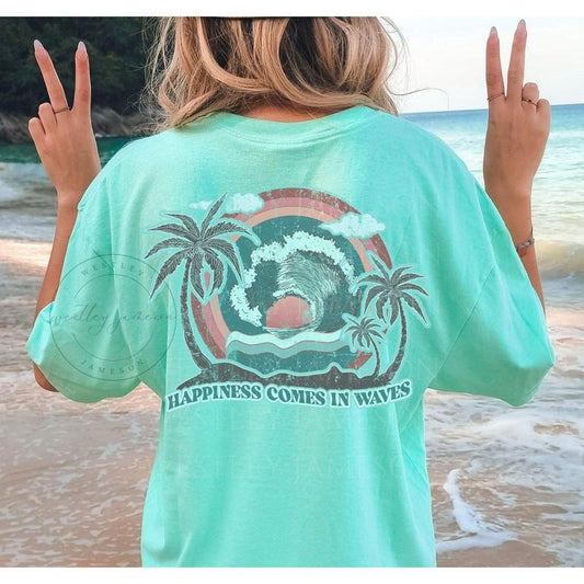 Comfort Colors Happiness Comes in Waves Summer Vibes, Wave Design Tee, Beach Lover Gift, Coastal Lifestyle, Trendy Summer