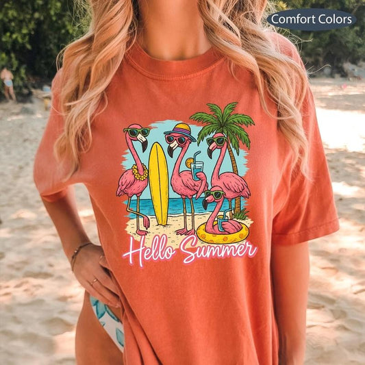 Comfort Colors Hello Summer T-Shirt, Cute Flamingo Summer Beach Graphic Shirt, Funny Vacation Tropical Animal T-Shirt, Trendy Gen Z Vibe Cotton Fabric Top Womenswear