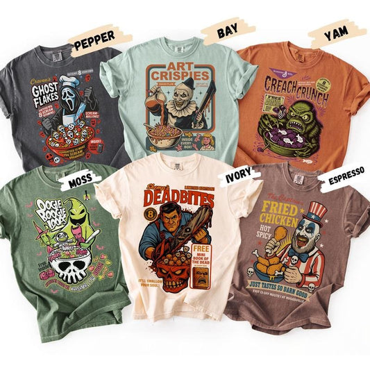 Comfort Colors Horror Cereal Halloween Shirt, Scary Movie Characters Shirt,Funny K*ller Breakfast Tee, Charm Zombie Tee, Spooky Crunch Tee Fit Grey