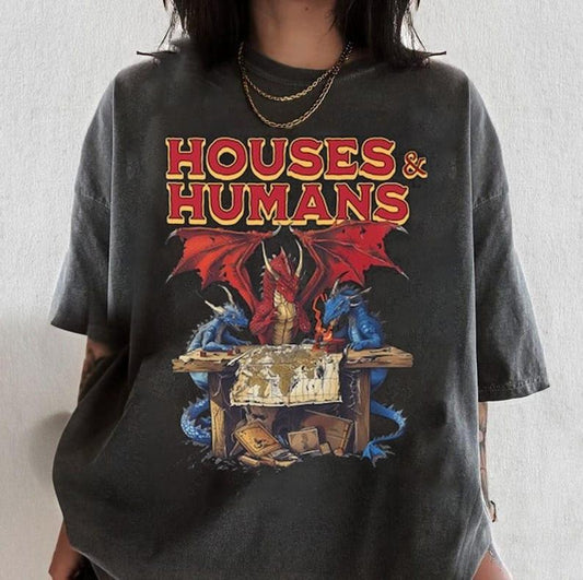 Comfort Colors Houses and Humans D&D Shirt, Funny Dungeons and Dragons Gift Tee for Men and Women, Vintage Retro 90s Joke D and D T-Shirt for Geeks