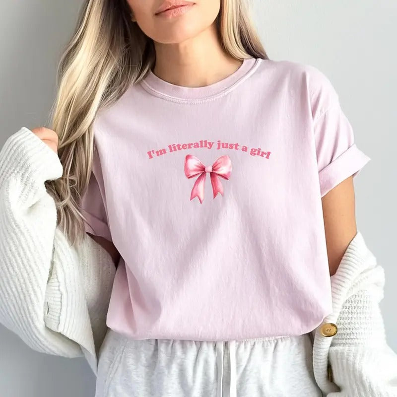 Comfort Colors I'm Literally Just a Girl T-Shirt with Bow, Cute Sarcastic Design, Casual Shortsleeve, Cotton Fabric, Women's Summer Streetwear