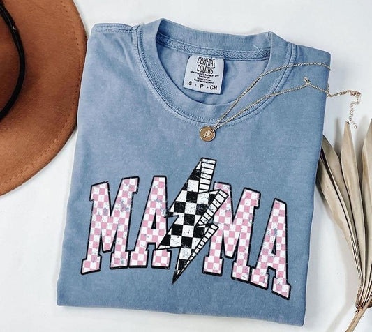 Comfort Colors Lightning Bolt Mama Shirt, Retro Mama Shirt, Checkered Mama Shirt, Mothers Day Gift, Mothers Day Shirt, Mom Life tee