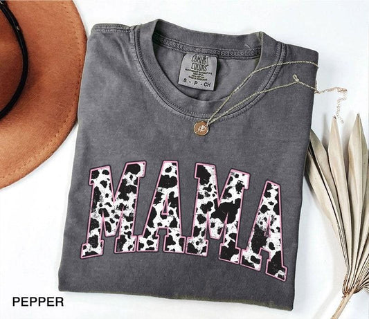 Comfort Colors Mama Pink Cow Western T-shirt, Western Mama T-Shirt, Retro Mama Varsity Shirt, gift for mothers Day