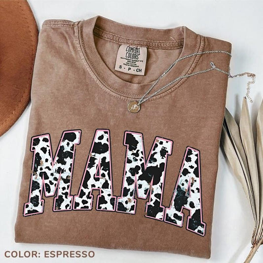 Comfort Colors Mama Pink Cow Western T-shirt, Western Mama T-Shirt, Retro Mama Varsity Shirt, gift for mothers Day, Women's T-Shirt