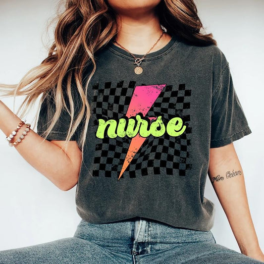 Comfort Colors Neon Nurse T-shirt, Retro Checkered Nurse Shirt, Nurse Life, Registered Nurse