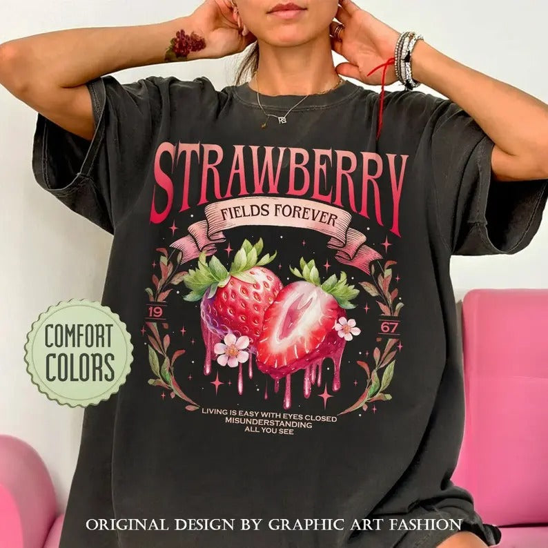 Comfort Colors Old School Band Tee, Cute Strawberry Shirt, Beatle Strawberry Fields Shirts Womenswear Cotton Fabric