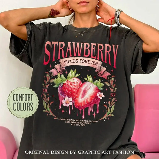 Comfort Colors Old School Band Tee, Cute Strawberry Shirt, Beatle Strawberry Fields Shirts Womenswear Cotton Fabric